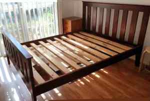 solid timber queen bed with mattress, $260
