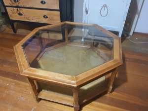 Vintage Baltic Pine Wooden Hexagon Coffee Table with glass 