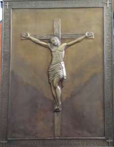 Jesus on Cross Hand Beaten Copper - Last Supper Carved in Wood
