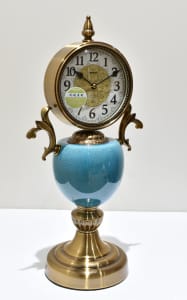 Brass Table clock. Blue, with brass handles. Large dial. Brand new.