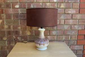 Vintage Retro Cream & Brown Ceramic Table Lamp - 1970s