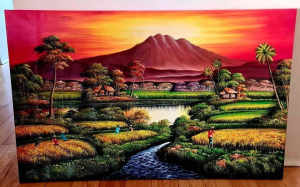 Beautiful sunset in rice fields canvas painting