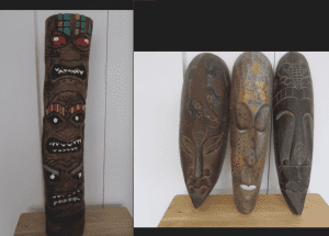 HAND CARVED TOTEM and 3 POLYNESIAN MASKS
