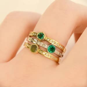 Minimalist Stackable Ring with Colombian Emerald and Diamonds