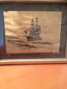 PICTURE IN FRAME VERY OLD SHIP GOLD BACKGROUND.28CM X 22 CM