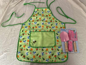 Kids pink Garden Tool Set (NEW) and patterned apron 