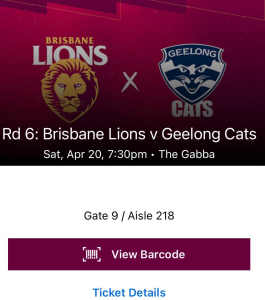 AFL Brisbane Lions v Geelong Cats Tickets 