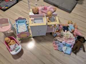 Dolls change table, dolls, clothes , bath and more
