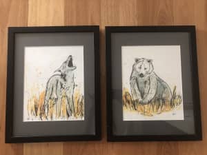 Original framed artwork - wolf and bear painting