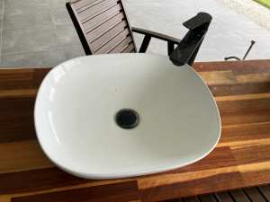 Two Bench Top Vanity Basins, Ceramic Mixers and Timber Bench Top