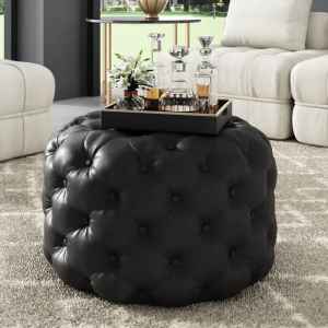 Contemporary Black Leather-look Ottoman with Button...