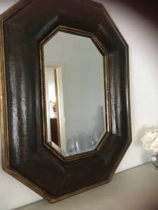 Mirror/Wall Mirror with bevilled edges, leather clad frame, in VGC