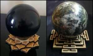 Beautiful Large 1.215kg Obsidian & 1.194kg Pyrite Spheres & Stands