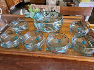 Mid century gold gilded, blue glass dessert bowls