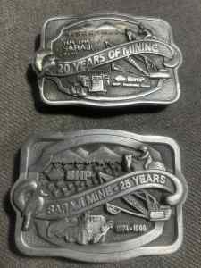 Two mining belt buckles pewter