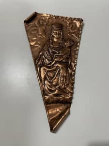 Vintage Handmade Religious Copper Wall Hanging of Mary & Baby Jesus 