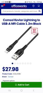 Comsol Kevlar Lightning to USB-A MFi Cable 1.2m Black

