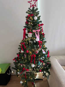 Christmas Tree, Red Ribbon Decoration, ALL Ornaments, and Light bulbs