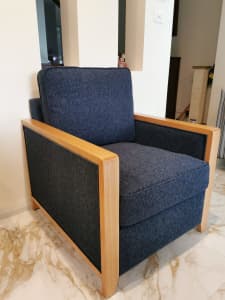 BRAND NEW navy fabric armchair Tasmanian Oak frame