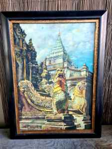 Large Thai Oil Painting Singha Naga Temple Guards