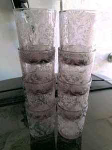 8 x lovely glass tealight holders Approx 7cmH 5.5W Damask print Glenni