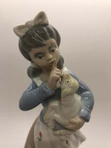 Vintage Tengra Porcelain Figurine Girl with Lamb 1970s