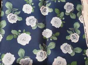 Navy white rose floral taffeta material sewing fabric