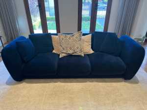 Blue velvet 3-seater sofa - unused from designer styled house