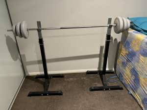 Squat rack and barbell with weights (free standing and adjustable)