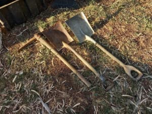 Garden tools, 2 shovels and pick