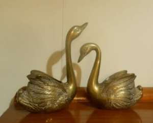 Vintage 60s Rare Find Pair of 2 Brass Swan Vase