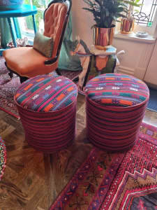 Persian Round Kilim Ottoman Carpet Foot Stool pair 