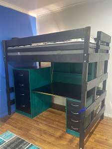 Kingle Single Bunk Bed w/ Large Desk & Drawers, Office drawers & Lamp