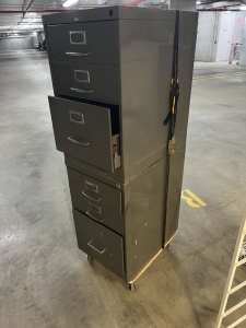 Stacked Metal Filing Cabinets on Dolly used for Mobile Tool Storage