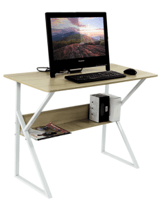 Sturdy Wood & Metal Computer Study Desk With Shelf, Space Saver