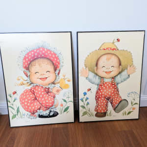 Vintage Sarah Kay wooden nursery room wall art pictures 22x15.5 inch
