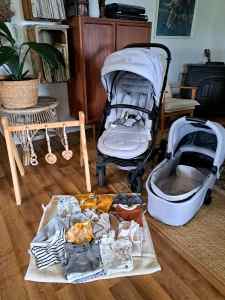 Baby boy bundle - Redsbaby Jive 3 pram + bassinet + play gym + clothes