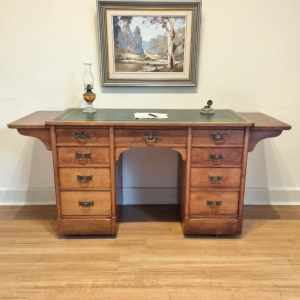 Antique English Oak 9 Drawer Twin Pedestal Desk- Leather Top. C1920s.