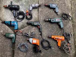 Electric Hand Drills Vintage and modern collection of 9 drills.