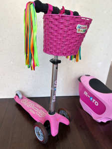 Mini Micro Deluxe scooter with toddler seat streamers bell and basket