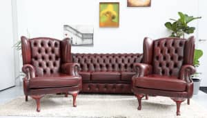 FREE DELIVERY- STUNNING CHESTERFIELD 3 SEATER SOFA AND WING CHAIRS