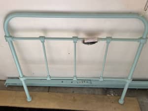 Turquoise metal single bed frame with wooden slats