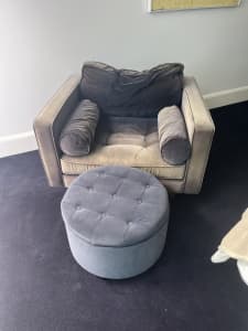 Navy velvet soft arm chair with matching ottoman