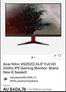 240hz 1ms ACER MONITOR