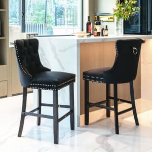 2X Velvet Bar Stools with Studs Trim Wooden Legs Tufted Dining Ch...