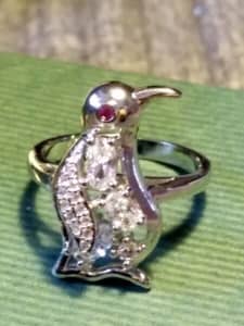 Penguin White Sapphire & Tourmaline 925 Silver Ring About Size 6