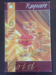 Sundae Dishes, Set of 6, contains 22% Real Gold - Brand New in Box 