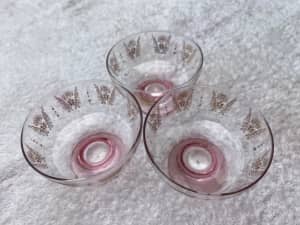 3 pale pink fine glass dessert bowls. 10cm diameter. Kaleen B