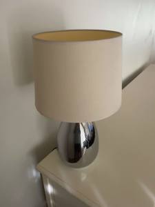 Table lamp, chrome base, cream shade, as new x 2