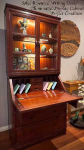 SOLID ROSEWOOD Illuminated Display Cabinet/Writing Desk and Drawers